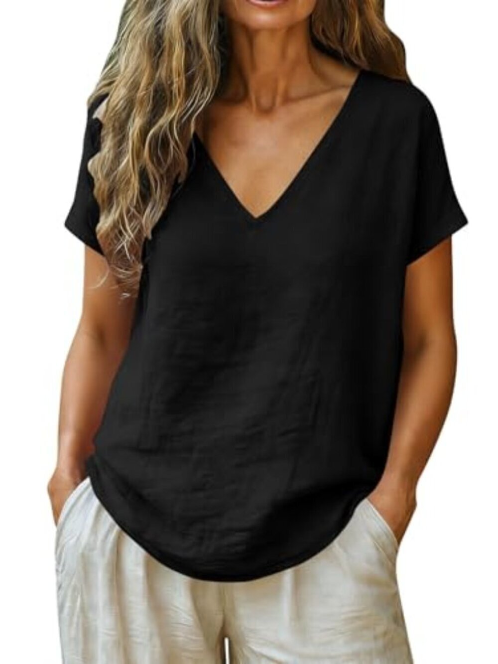 🆕 Womens Cotton Linen Shirts 3/4 Sleeve V Neck Loose Boho Beach Shirts Summer